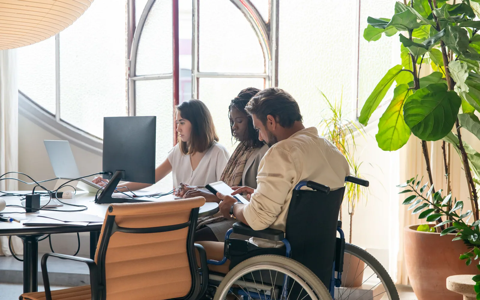 A community service desk assisting residents from different age groups