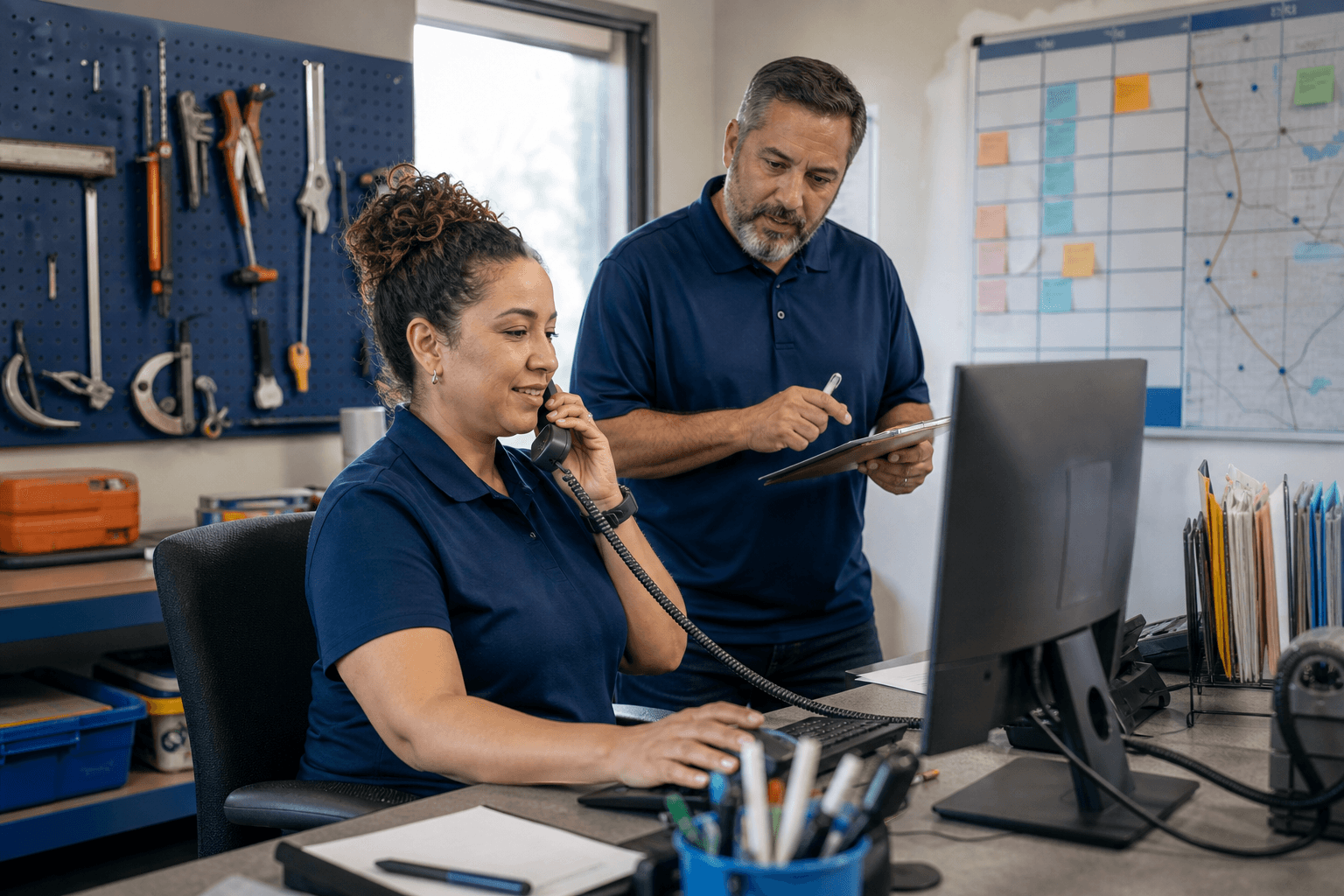 A local field service owner and dispatcher coordinating customer appointments