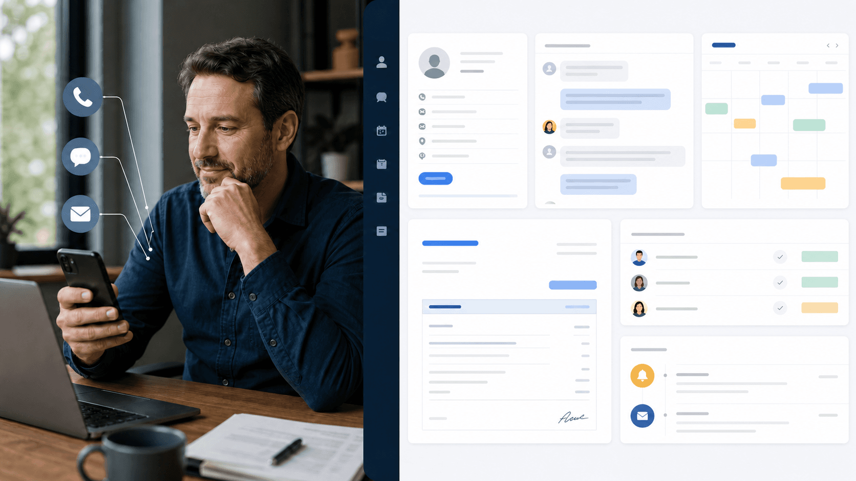One business workspace connecting customer history, chat, calendar, quote, tasks, and follow-up