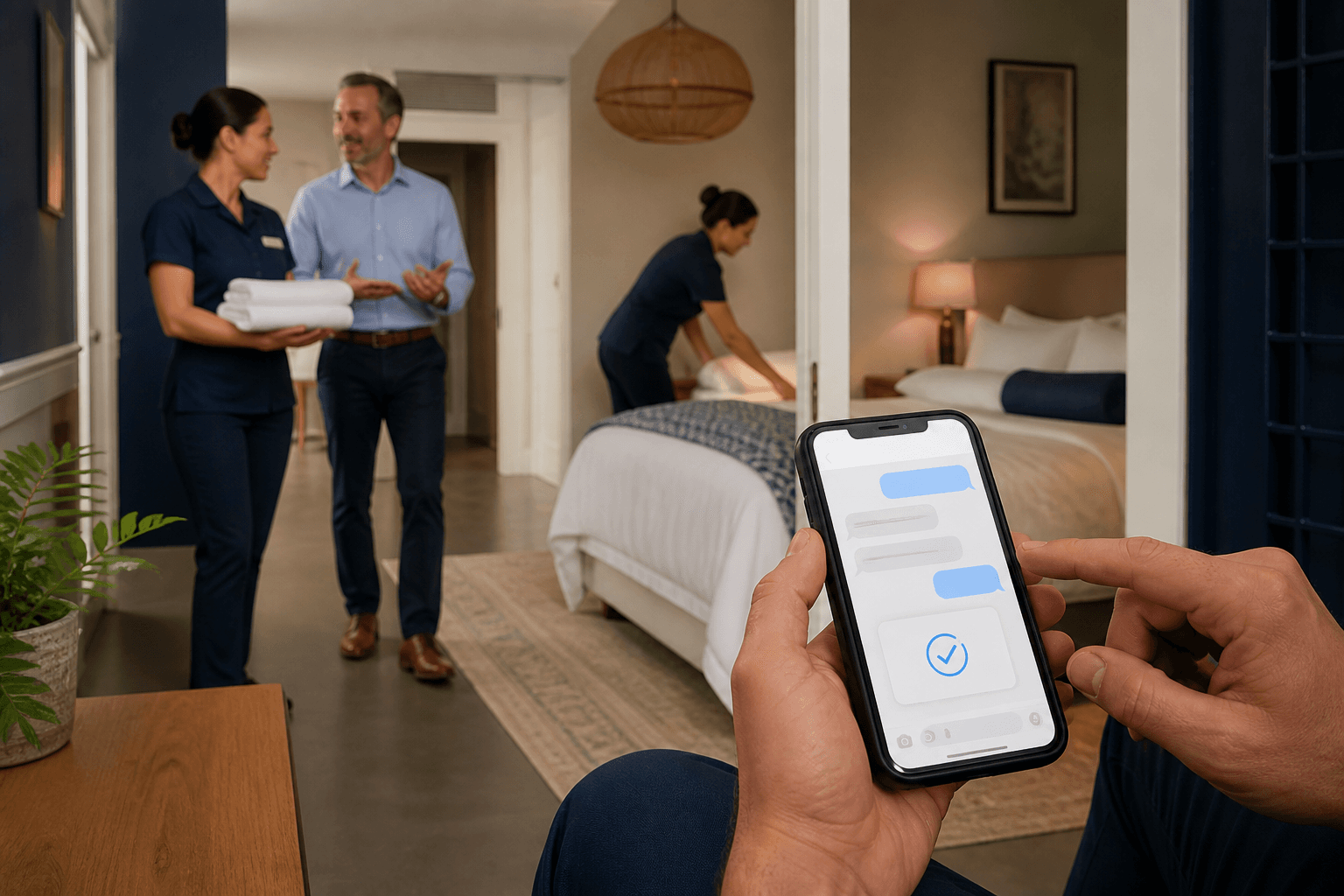 Illustrated phone follow-up connecting a guest with the hotel team