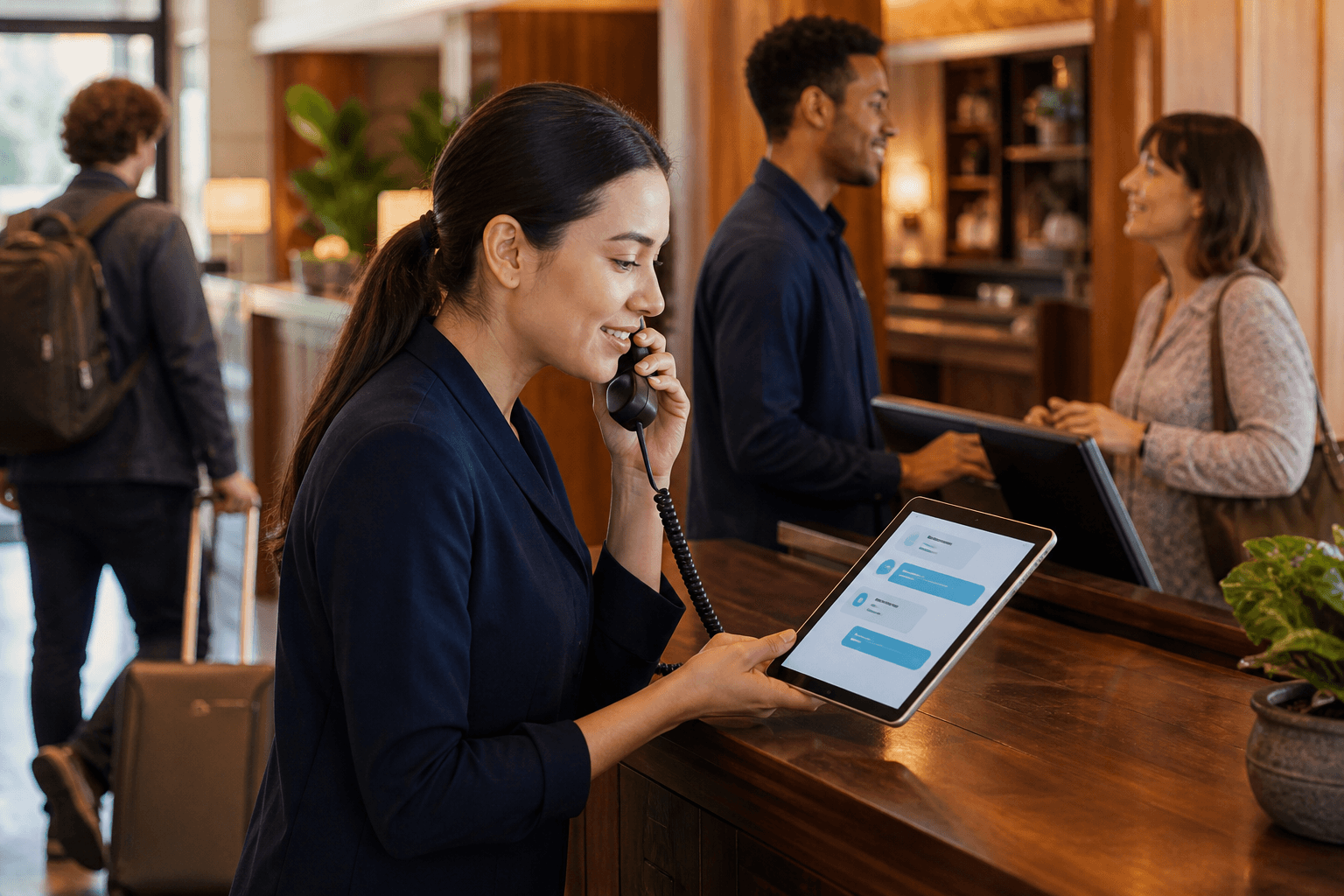 Illustrated receptionist continuing a guest inquiry with its work record